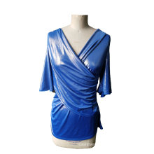 Latest Shiny Blue V-Neck 3/4 Sleeve Women′s T-Shirt